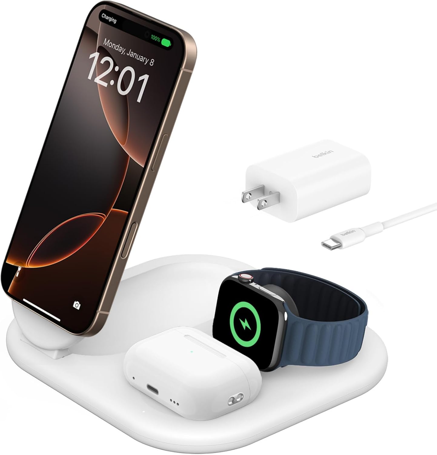 Belkin BoostCharge 3-in-1 Magnetic Foldable Wireless Charger with Qi2 15W (White) — фото 1